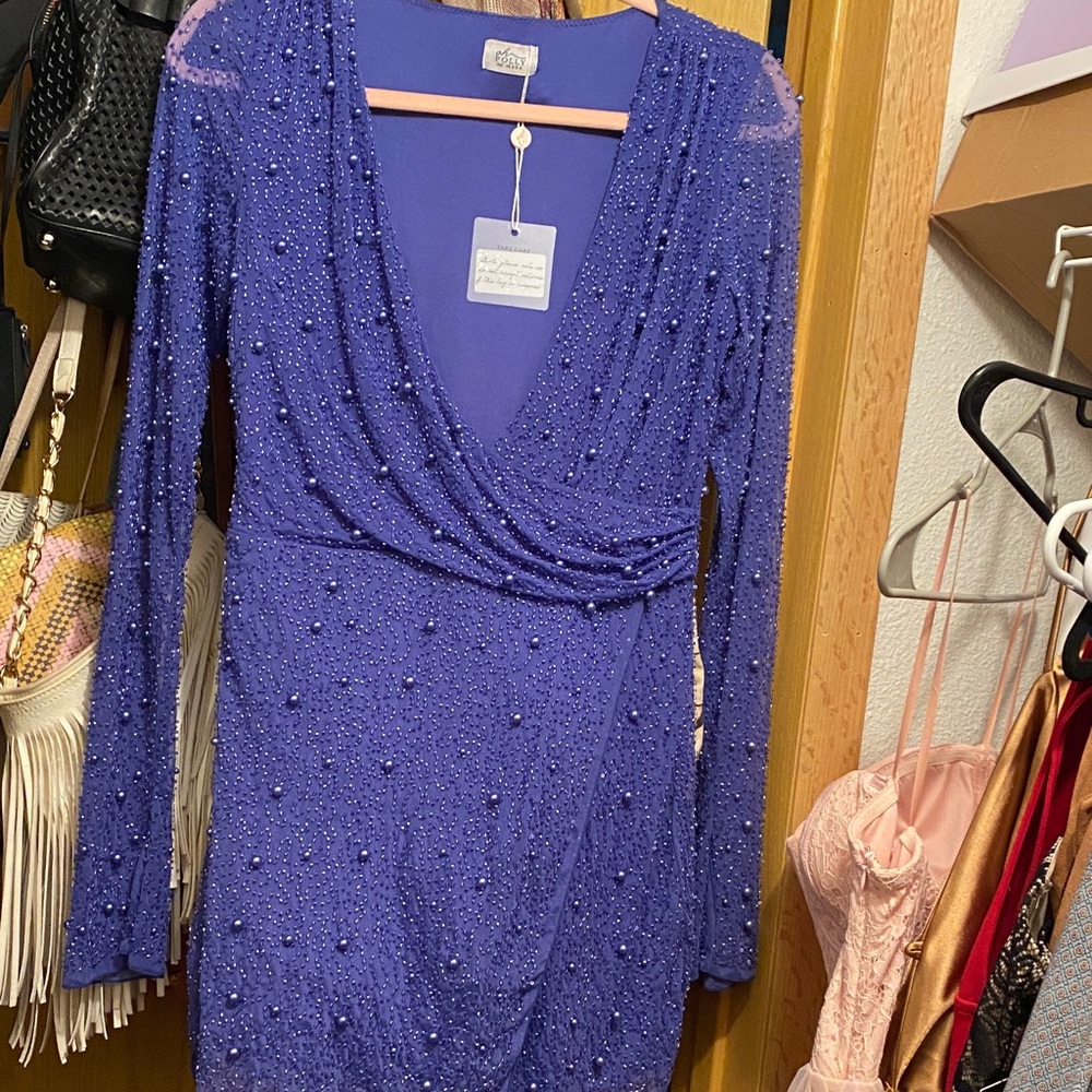 Oh Polly Beaded Deep V-Neck Long Sleeve Dress - Royal Blue